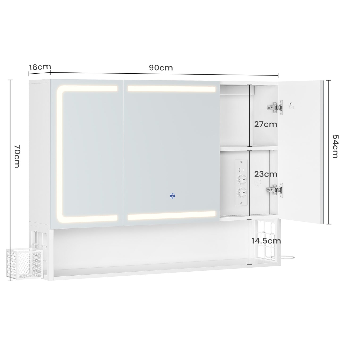 AOGLLATI Spiegelschrank 90×16×70 cm mit LED-Beleuchtung & Steckdose Badezimmerschrank mit Verstellbarem Regal 3 Farbtemperatur