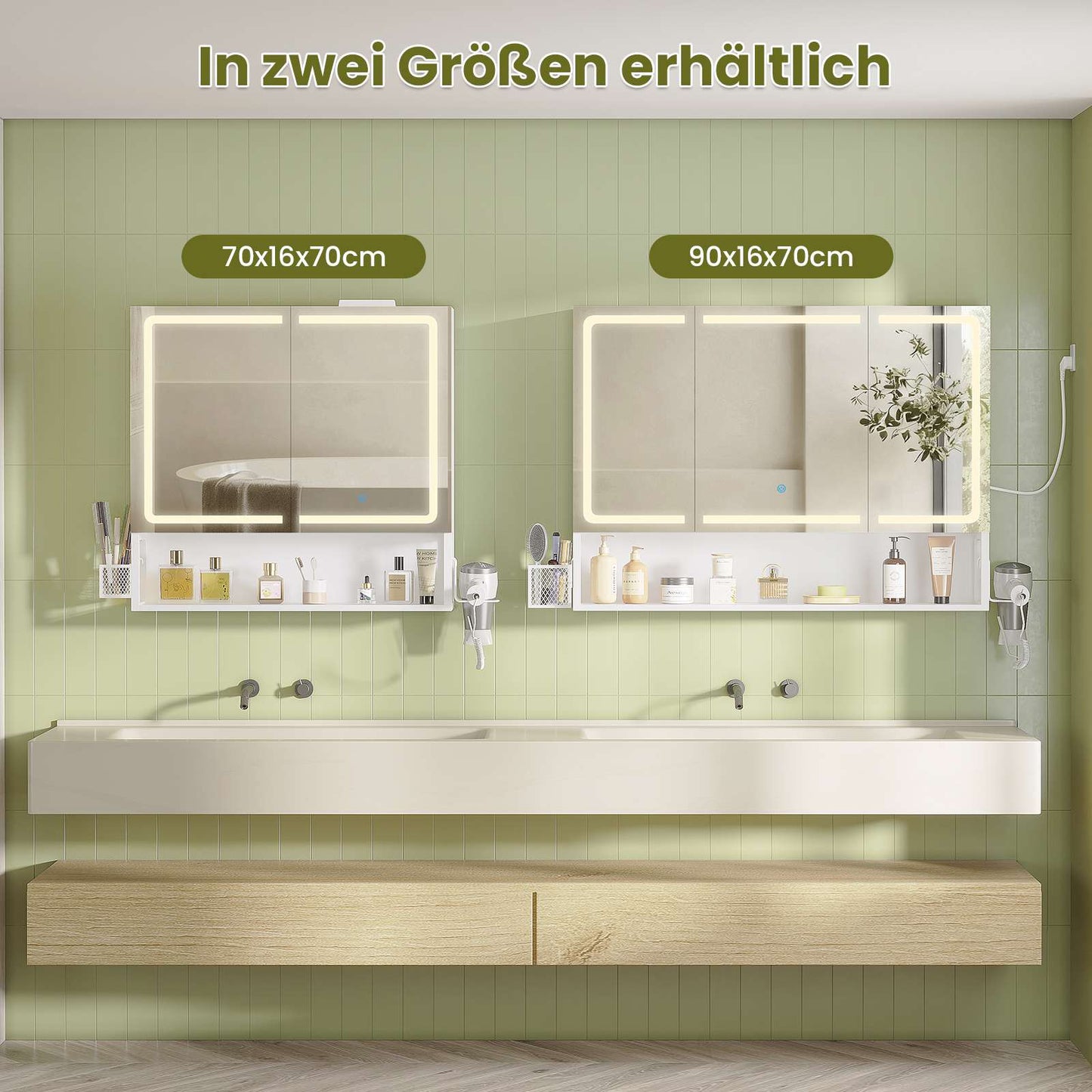 AOGLLATI Spiegelschrank 90×16×70 cm mit LED-Beleuchtung & Steckdose Badezimmerschrank mit Verstellbarem Regal 3 Farbtemperatur