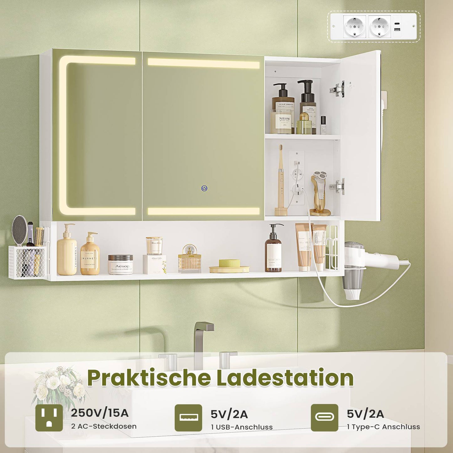 AOGLLATI Spiegelschrank 90×16×70 cm mit LED-Beleuchtung & Steckdose Badezimmerschrank mit Verstellbarem Regal 3 Farbtemperatur