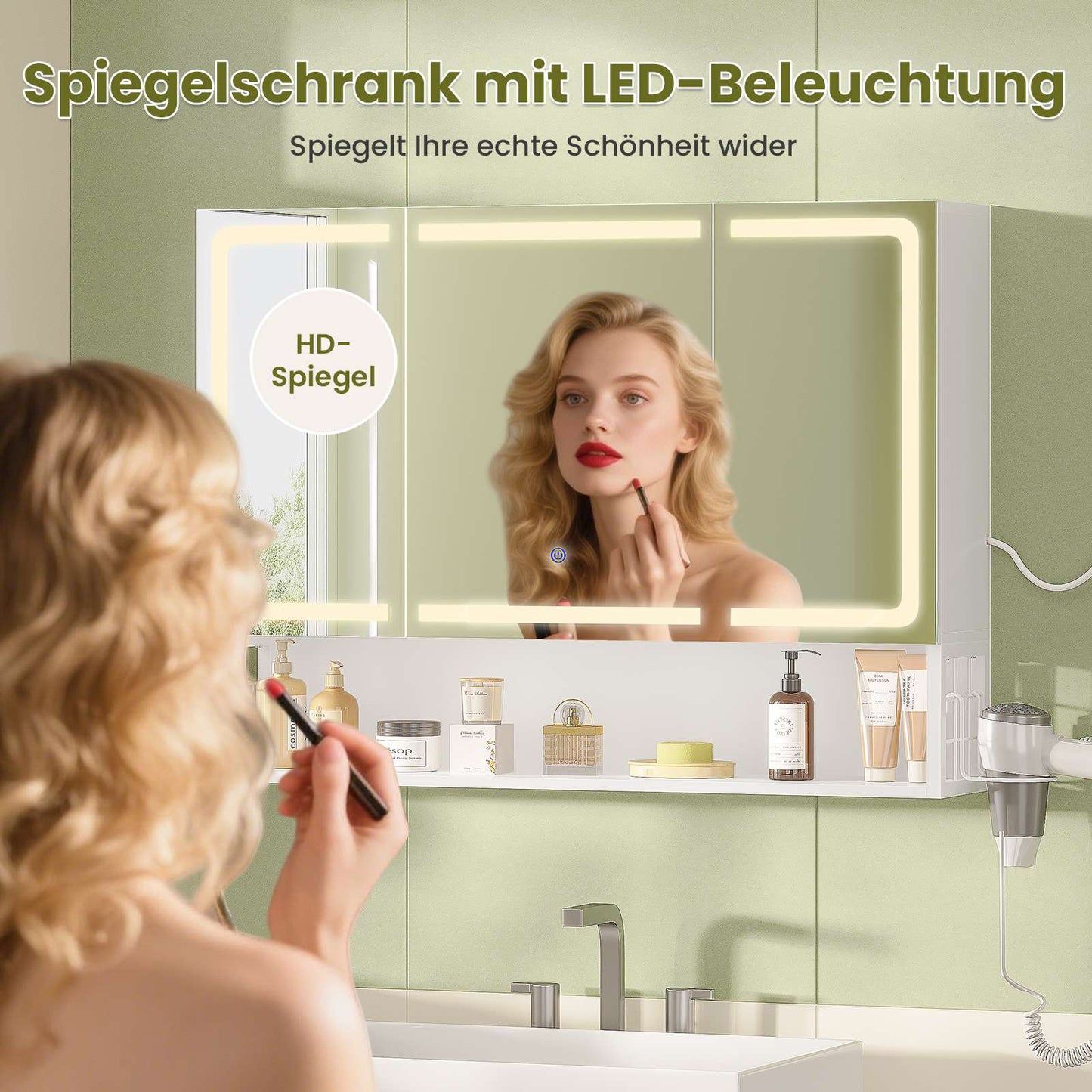 AOGLLATI Spiegelschrank 90×16×70 cm mit LED-Beleuchtung & Steckdose Badezimmerschrank mit Verstellbarem Regal 3 Farbtemperatur