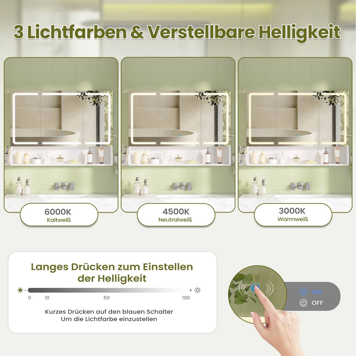 AOGLLATI Spiegelschrank 90×16×70 cm mit LED-Beleuchtung & Steckdose Badezimmerschrank mit Verstellbarem Regal 3 Farbtemperatur