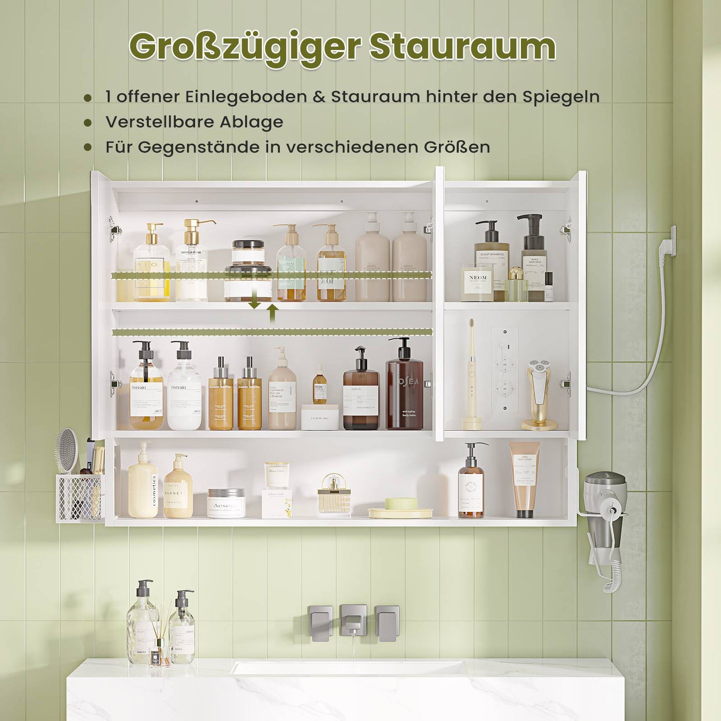 AOGLLATI Spiegelschrank 90×16×70 cm mit LED-Beleuchtung & Steckdose Badezimmerschrank mit Verstellbarem Regal 3 Farbtemperatur