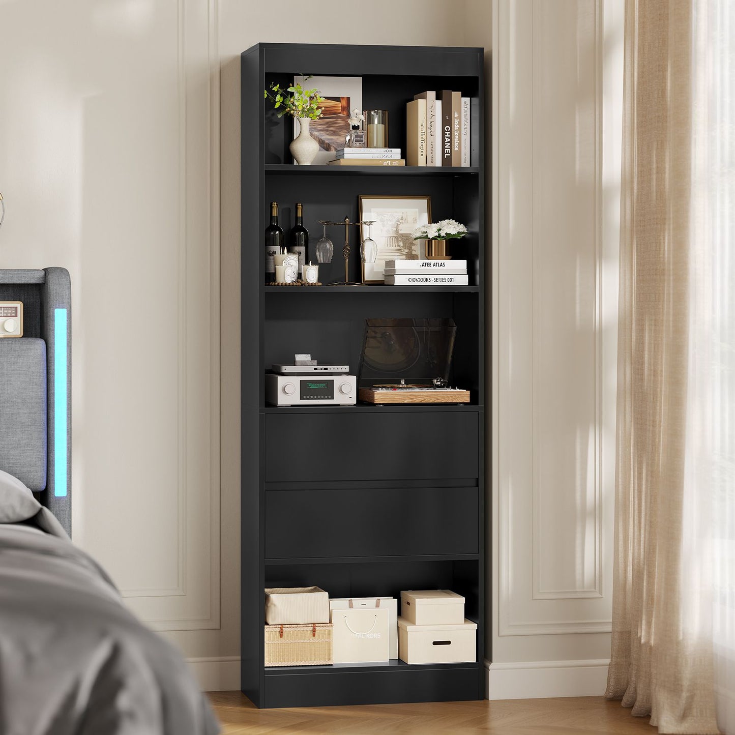AGOLLATI Bücherregal Bücherschrank mit 2 Schubladen & 4 Fächern, Wohnzimmerschrank mit verstellbaren Ablagen