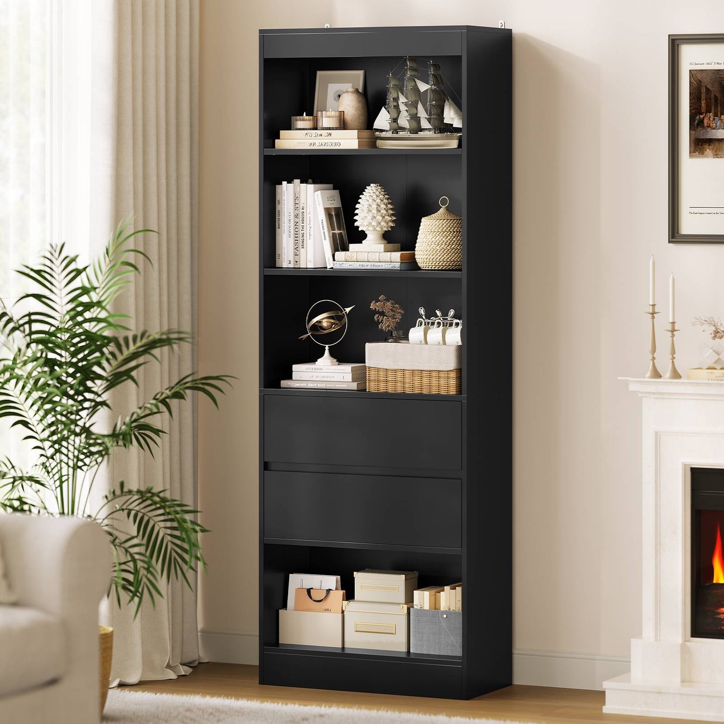 AGOLLATI Bücherregal Bücherschrank mit 2 Schubladen & 4 Fächern, Wohnzimmerschrank mit verstellbaren Ablagen
