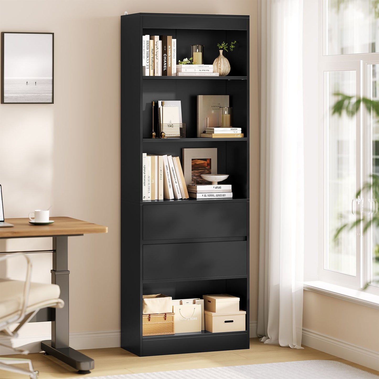AGOLLATI Bücherregal Bücherschrank mit 2 Schubladen & 4 Fächern, Wohnzimmerschrank mit verstellbaren Ablagen