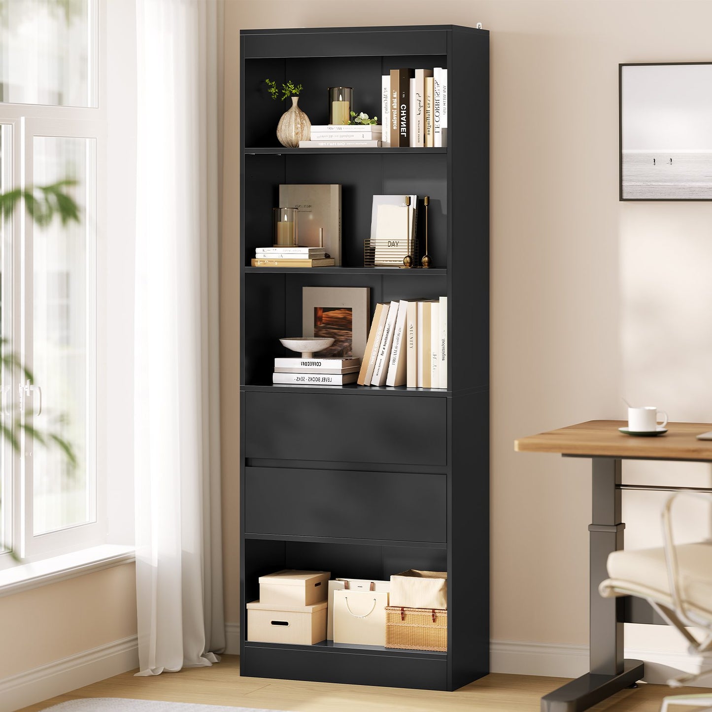 AGOLLATI Bücherregal Bücherschrank mit 2 Schubladen & 4 Fächern, Wohnzimmerschrank mit verstellbaren Ablagen