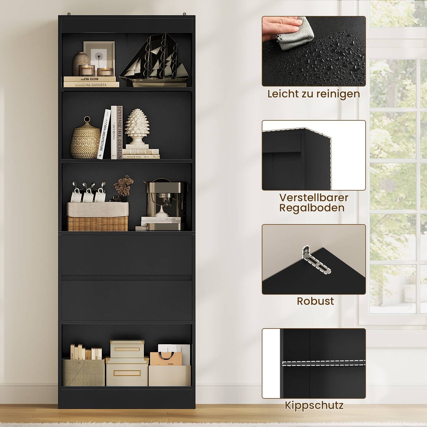 AGOLLATI Bücherregal Bücherschrank mit 2 Schubladen & 4 Fächern, Wohnzimmerschrank mit verstellbaren Ablagen