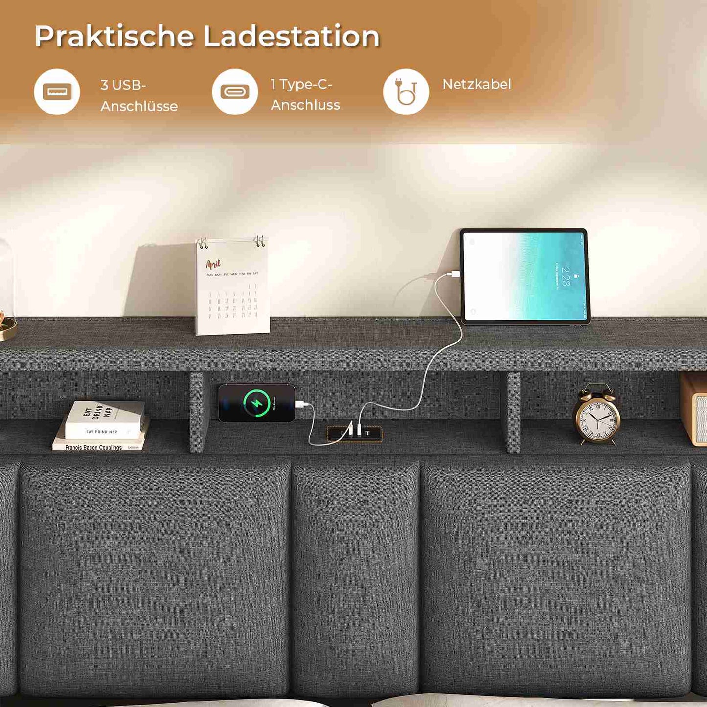 AOGLLATI Polsterbett 140×200 mit Steckdosen & LED Beleuchtung Doppelbett 140x200 mit Stauraum Kopfteil & Hydraulischem Stauraum