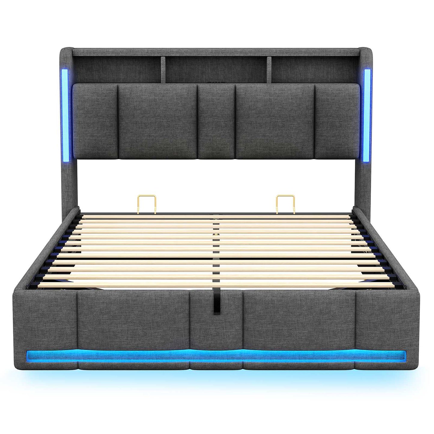 AOGLLATI Polsterbett 140×200 mit Steckdosen & LED Beleuchtung Doppelbett 140x200 mit Stauraum Kopfteil & Hydraulischem Stauraum