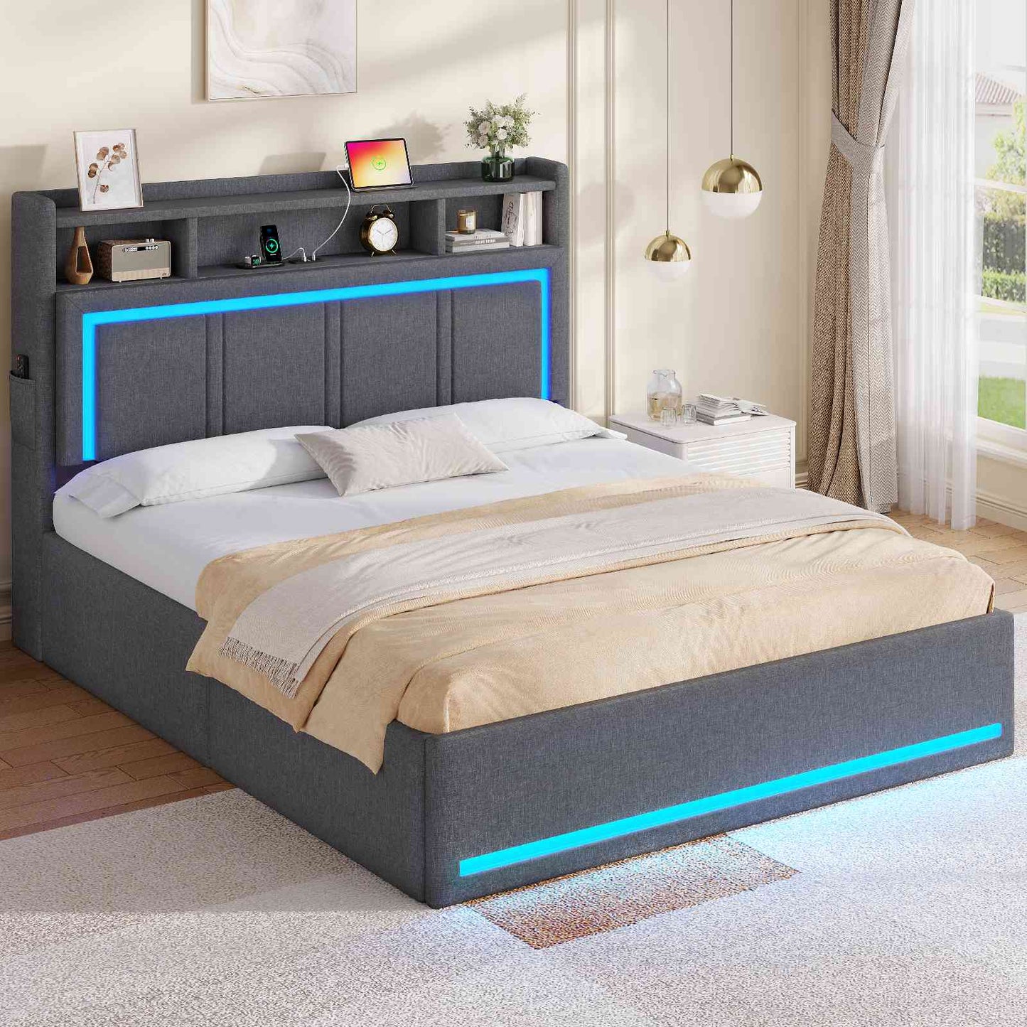 AOGLLATI Polsterbett 140x190 mit LED Beleuchtung USB-C & Hydrauliksystem Polsterbett mit Bettkasten Kopfteil Stauraum