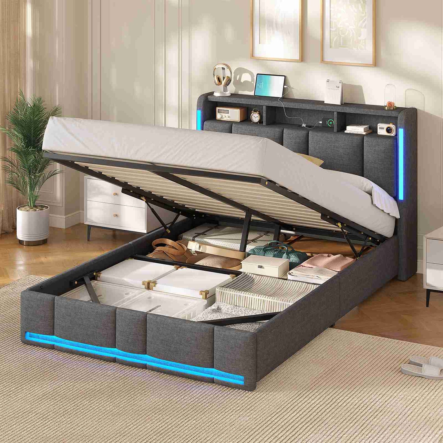 AOGLLATI Polsterbett 140×200 mit Steckdosen & LED Beleuchtung Doppelbett 140x200 mit Stauraum Kopfteil & Hydraulischem Stauraum