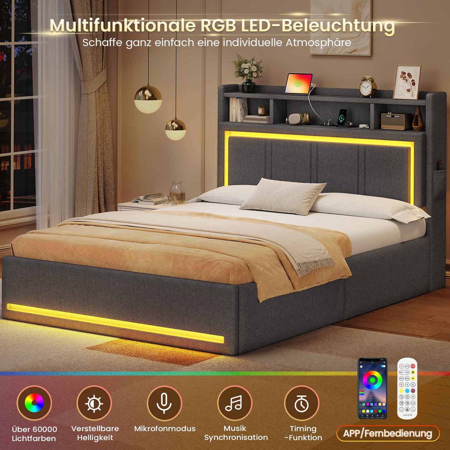 AOGLLATI Polsterbett 140x190 mit LED Beleuchtung USB-C & Hydrauliksystem Polsterbett mit Bettkasten Kopfteil Stauraum