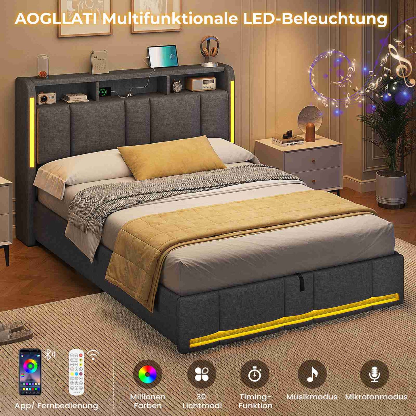 AOGLLATI Polsterbett 140×200 mit Steckdosen & LED Beleuchtung Doppelbett 140x200 mit Stauraum Kopfteil & Hydraulischem Stauraum