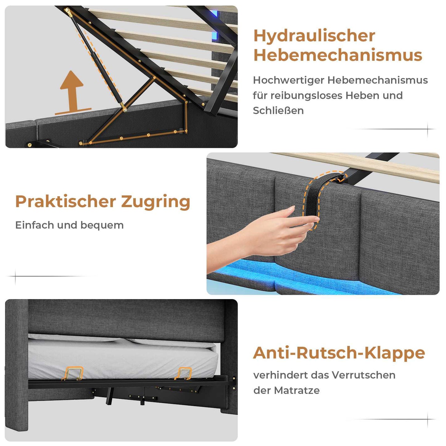 AOGLLATI Polsterbett 140×200 mit Steckdosen & LED Beleuchtung Doppelbett 140x200 mit Stauraum Kopfteil & Hydraulischem Stauraum