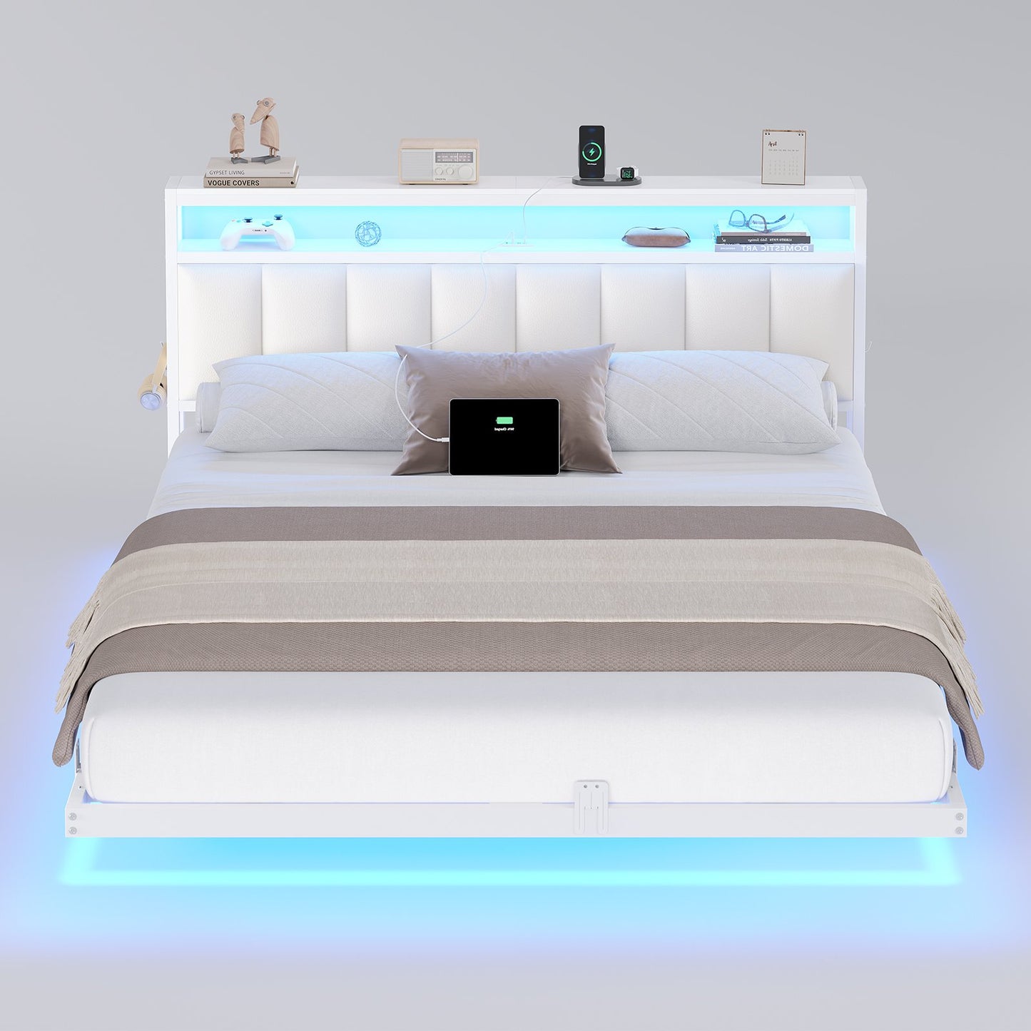 AOGLLATI Polsterbett 160x200 CM mit Ladestation und LED-Beleuchtung Doppelbettgestell mit Stauraum Kopfteil & Schwebender visueller Effekt