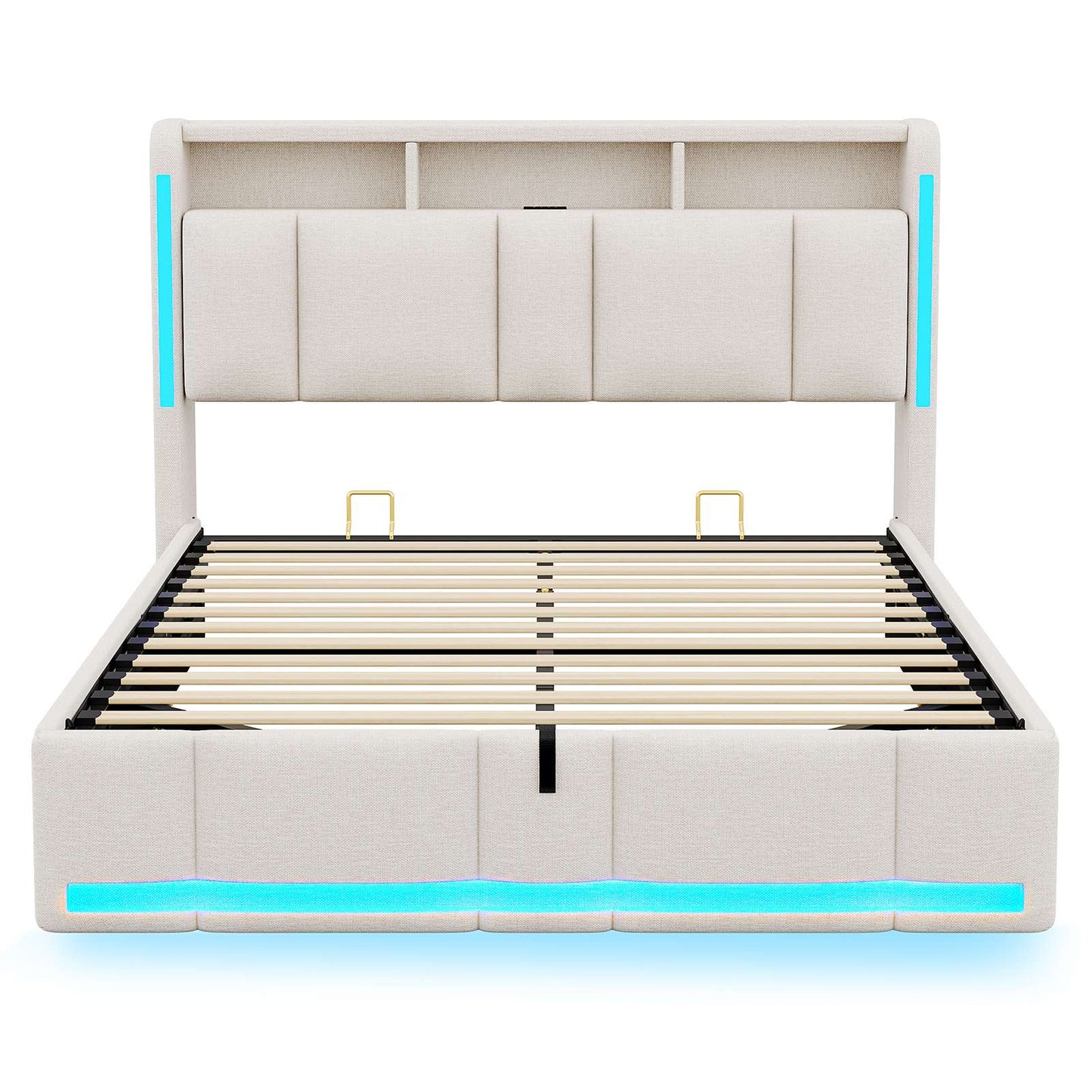AOGLLATI Polsterbett 140×200 mit Steckdosen & LED Beleuchtung Doppelbett 140x200 mit Stauraum Kopfteil & Hydraulischem Stauraum
