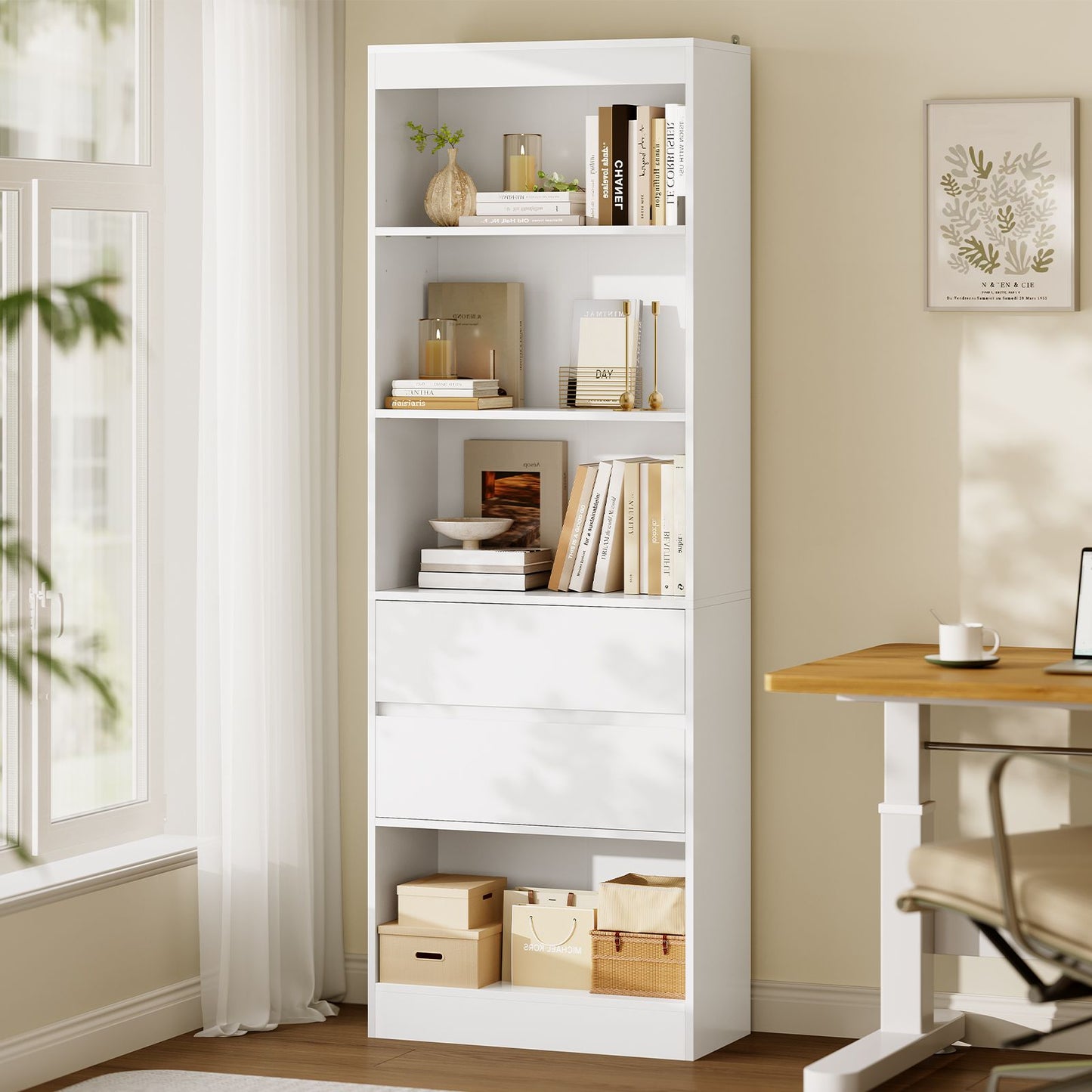 AGOLLATI Bücherregal Bücherschrank mit 2 Schubladen & 4 Fächern, Wohnzimmerschrank mit verstellbaren Ablagen