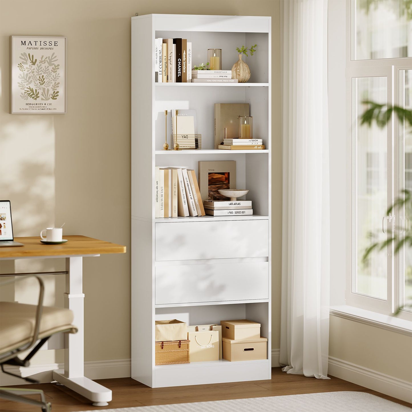 AGOLLATI Bücherregal Bücherschrank mit 2 Schubladen & 4 Fächern, Wohnzimmerschrank mit verstellbaren Ablagen