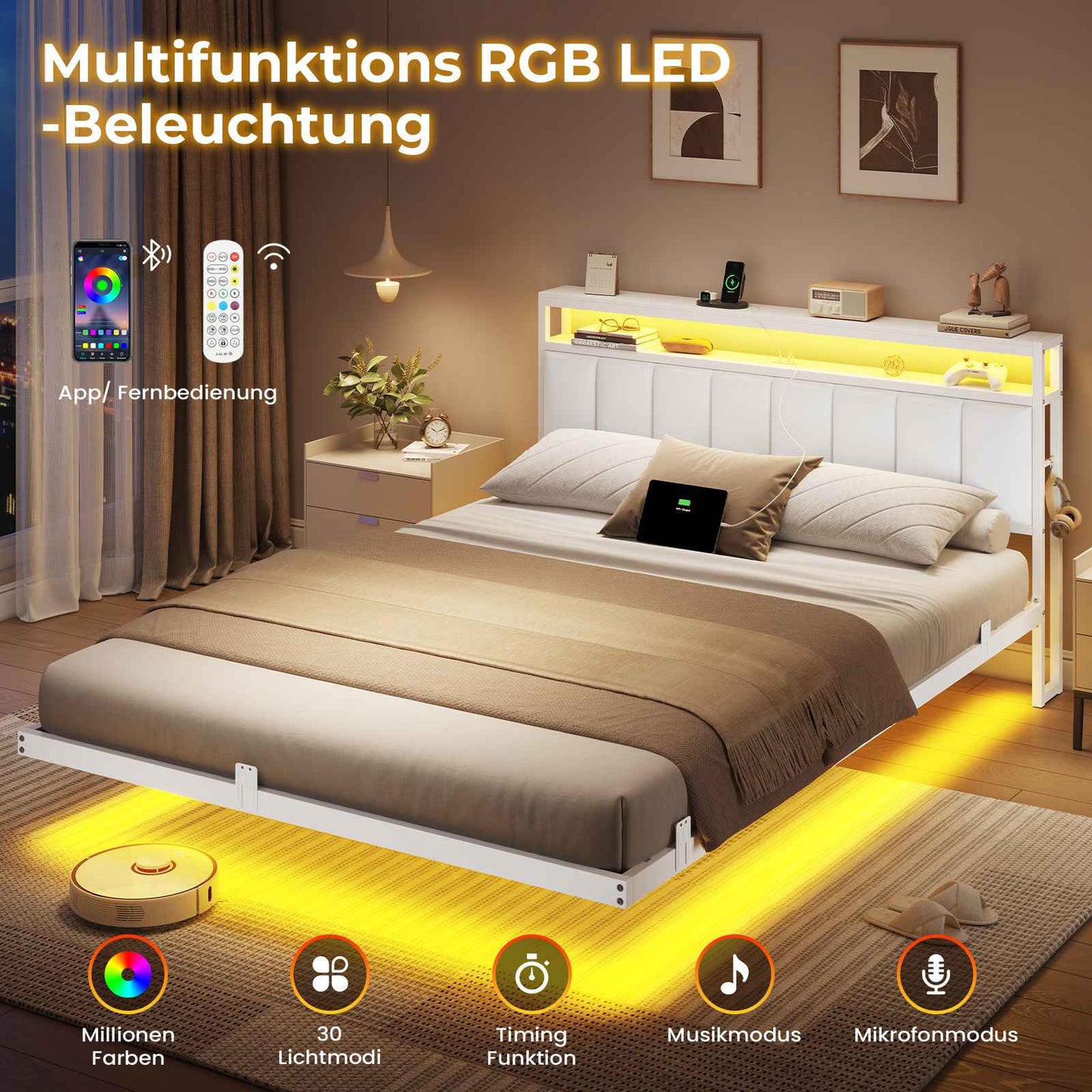 AOGLLATI Polsterbett 160x200 CM mit Ladestation und LED-Beleuchtung Doppelbettgestell mit Stauraum Kopfteil & Schwebender visueller Effekt