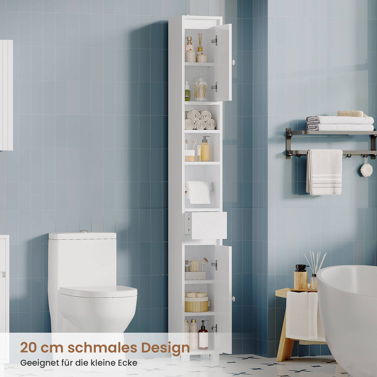 AOGLLATI Badezimmerschrank Badschrank Schmal mit Verstellbaren Ablagen Schublade offenen Fächern Klopapierhalter Platzsparender