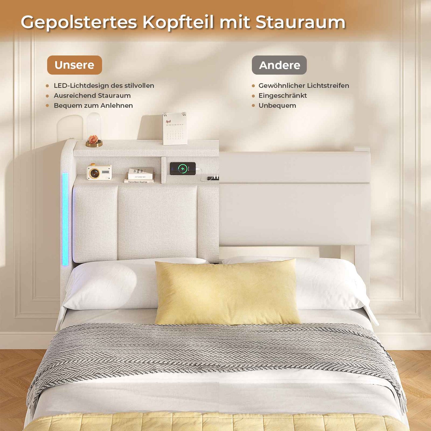 AOGLLATI Polsterbett 140×200 mit Steckdosen & LED Beleuchtung Doppelbett 140x200 mit Stauraum Kopfteil & Hydraulischem Stauraum