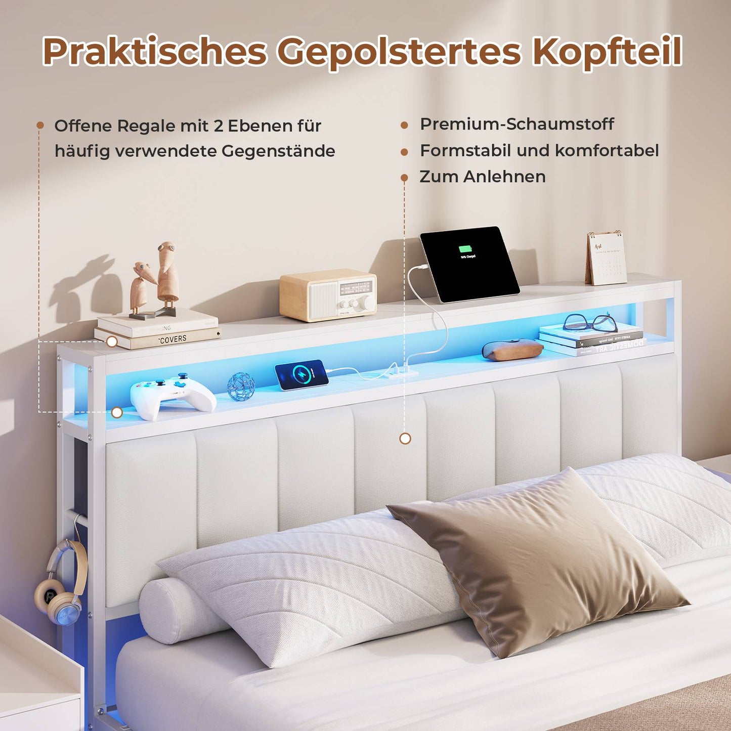 AOGLLATI Polsterbett 160x200 CM mit Ladestation und LED-Beleuchtung Doppelbettgestell mit Stauraum Kopfteil & Schwebender visueller Effekt