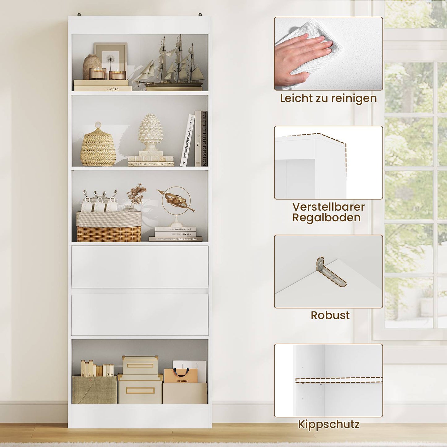 AGOLLATI Bücherregal Bücherschrank mit 2 Schubladen & 4 Fächern, Wohnzimmerschrank mit verstellbaren Ablagen