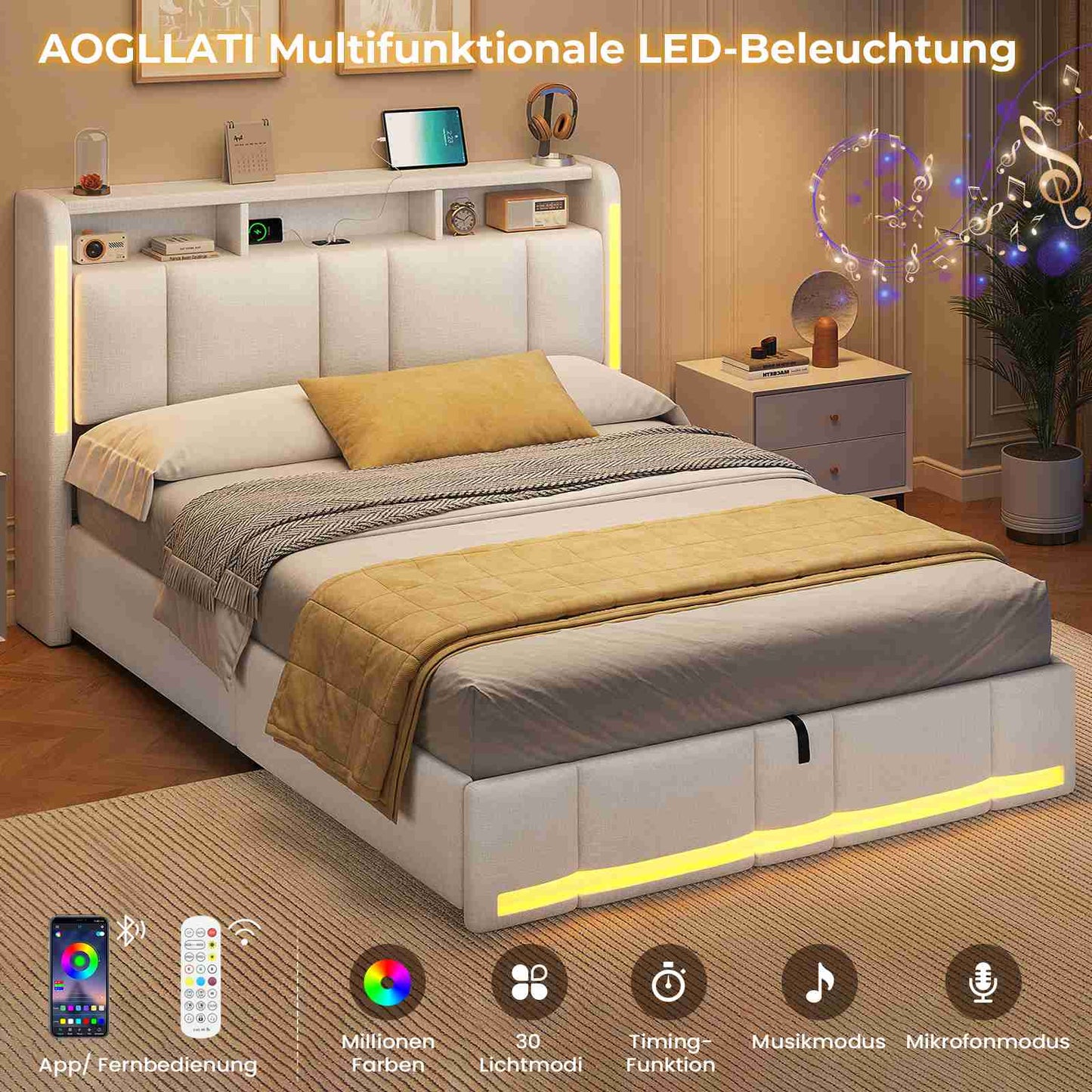 AOGLLATI Polsterbett 140×200 mit Steckdosen & LED Beleuchtung Doppelbett 140x200 mit Stauraum Kopfteil & Hydraulischem Stauraum