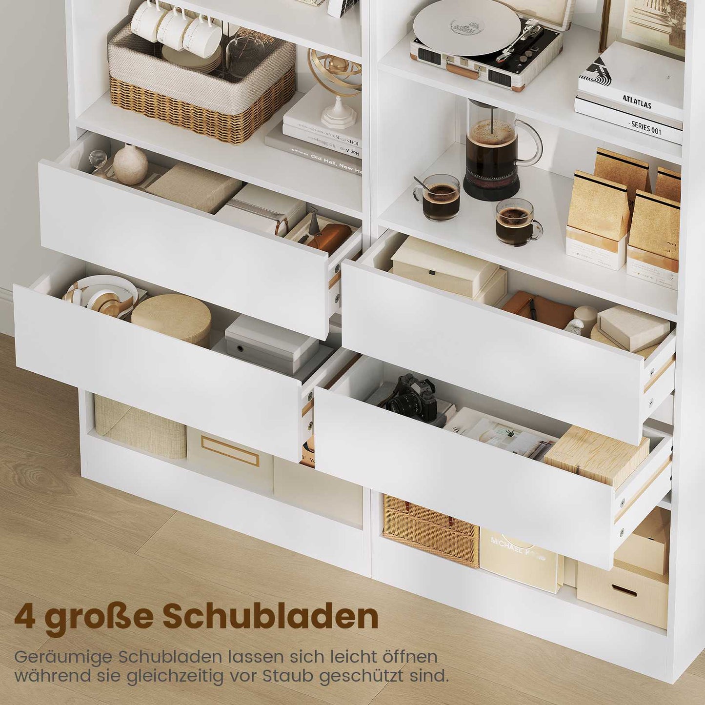 AGOLLATI Bücherregal Bücherschrank mit 2 Schubladen & 4 Fächern, Wohnzimmerschrank mit verstellbaren Ablagen