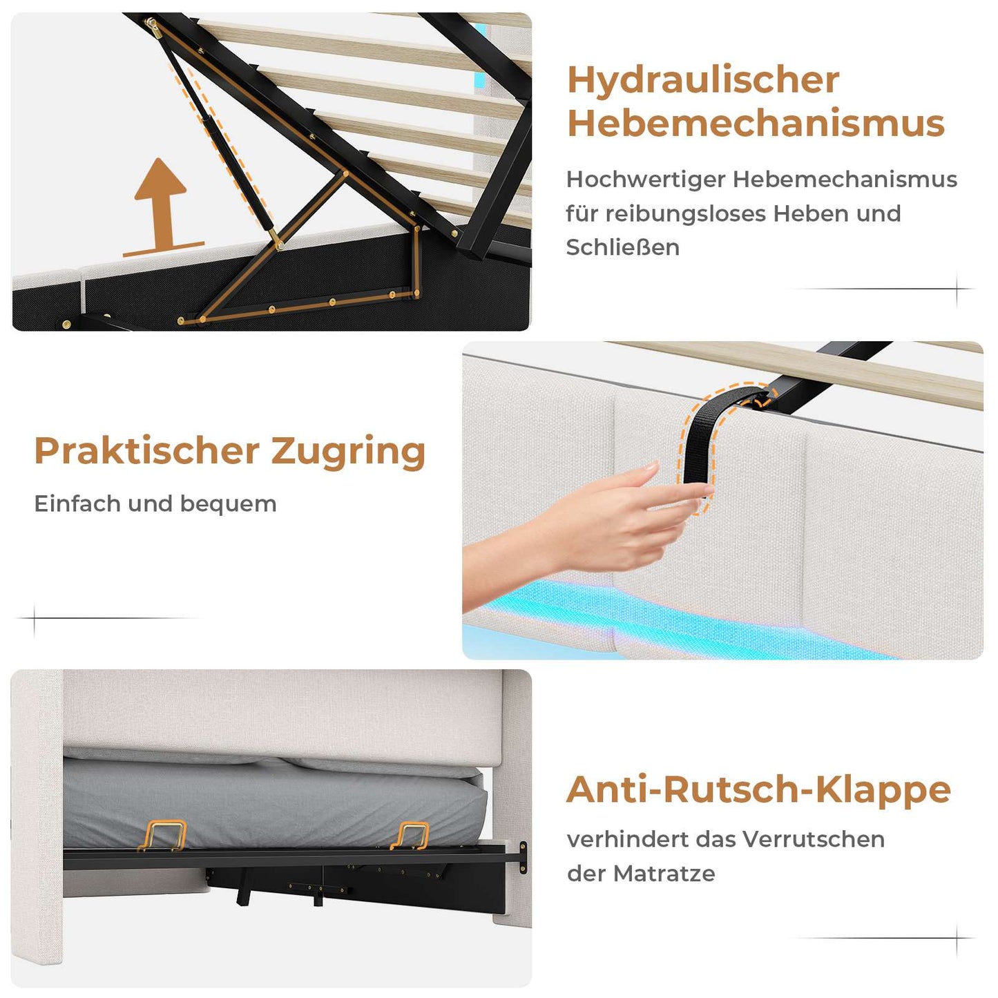 AOGLLATI Polsterbett 140×200 mit Steckdosen & LED Beleuchtung Doppelbett 140x200 mit Stauraum Kopfteil & Hydraulischem Stauraum