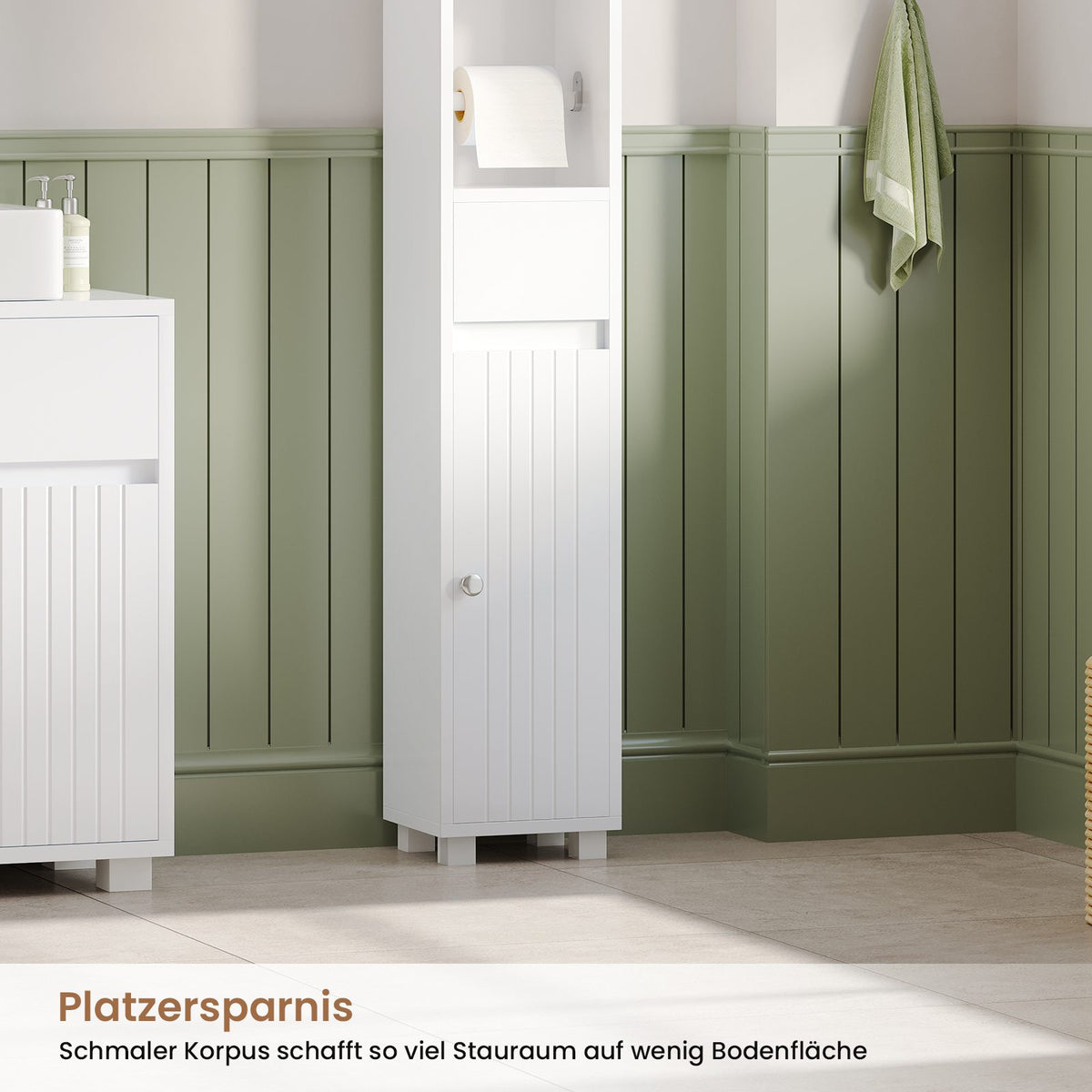 AOGLLATI Badezimmerschrank Badschrank Schmal mit Verstellbaren Ablagen Schublade offenen Fächern Klopapierhalter Platzsparender