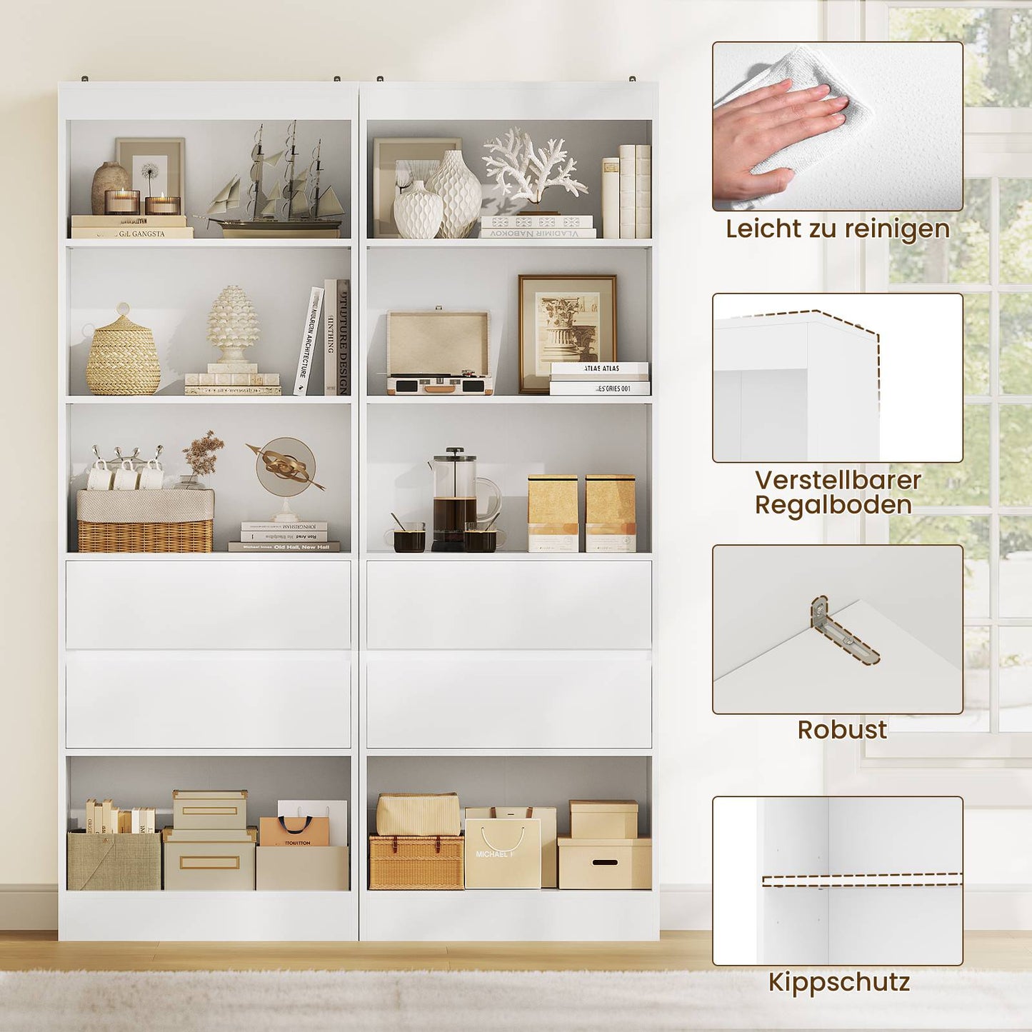 AGOLLATI Bücherregal Bücherschrank mit 2 Schubladen & 4 Fächern, Wohnzimmerschrank mit verstellbaren Ablagen