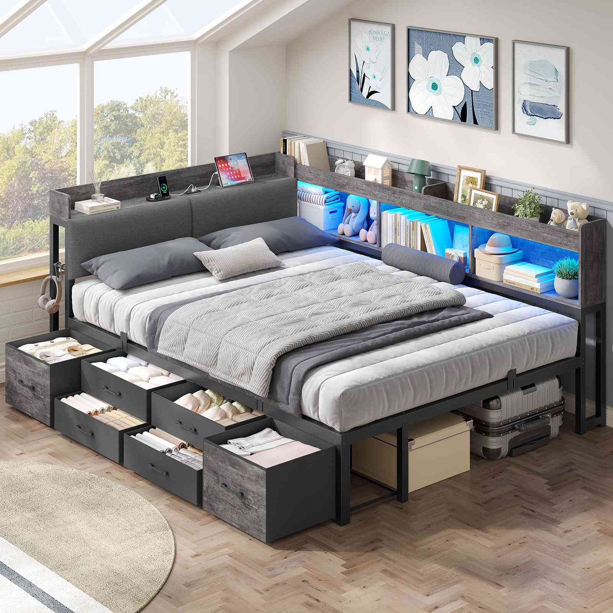 AOGLLATI Polsterbett Schlafsofa 140x200 mit Stauraum Jugendbett mit 6 Staufächern & 6 Schubladen Bett mit LED-Beleuchtung & Ladestation Gepolstertem Kopfteil