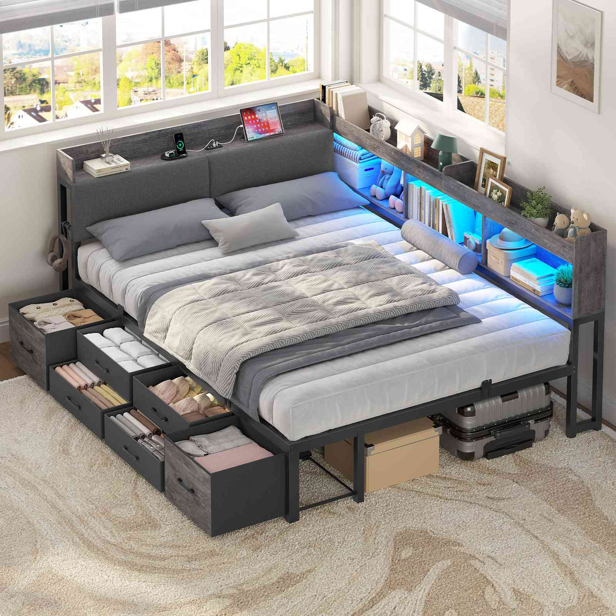 AOGLLATI Polsterbett Schlafsofa 140x200 mit Stauraum Jugendbett mit 6 Staufächern & 6 Schubladen Bett mit LED-Beleuchtung & Ladestation Gepolstertem Kopfteil