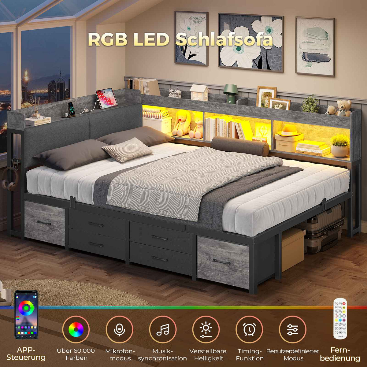 AOGLLATI Polsterbett Schlafsofa 140x200 mit Stauraum Jugendbett mit 6 Staufächern & 6 Schubladen Bett mit LED-Beleuchtung & Ladestation Gepolstertem Kopfteil