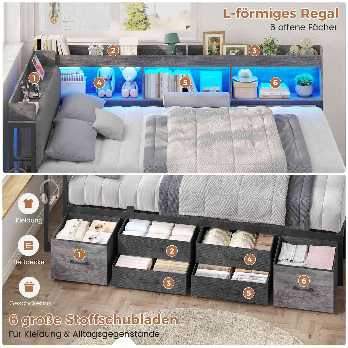 AOGLLATI Polsterbett Schlafsofa 140x200 mit Stauraum Jugendbett mit 6 Staufächern & 6 Schubladen Bett mit LED-Beleuchtung & Ladestation Gepolstertem Kopfteil