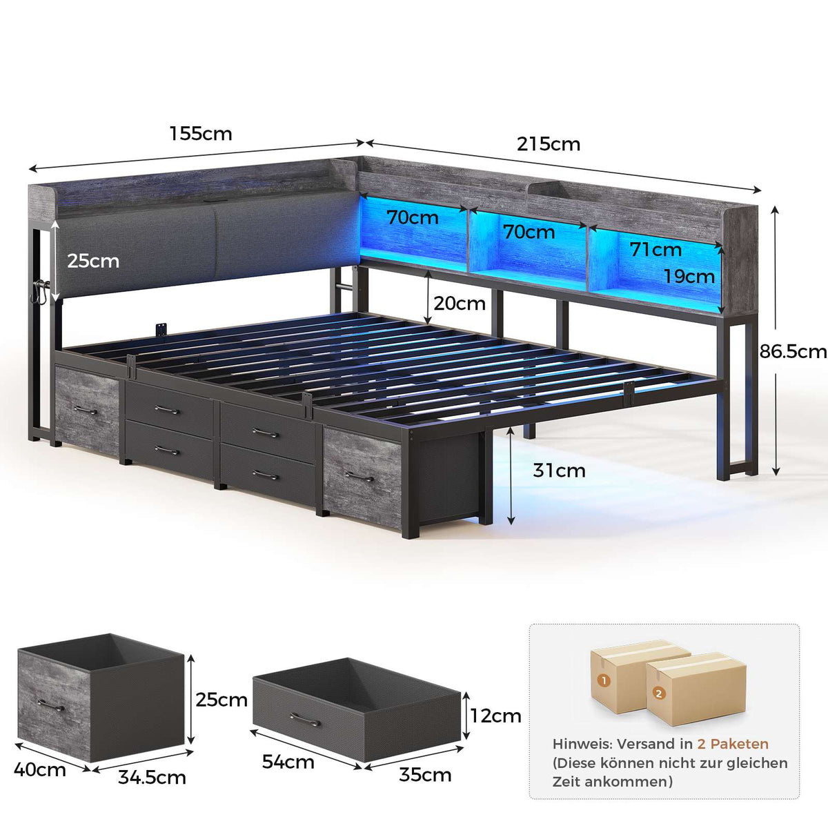 AOGLLATI Polsterbett Schlafsofa 140x200 mit Stauraum Jugendbett mit 6 Staufächern & 6 Schubladen Bett mit LED-Beleuchtung & Ladestation Gepolstertem Kopfteil
