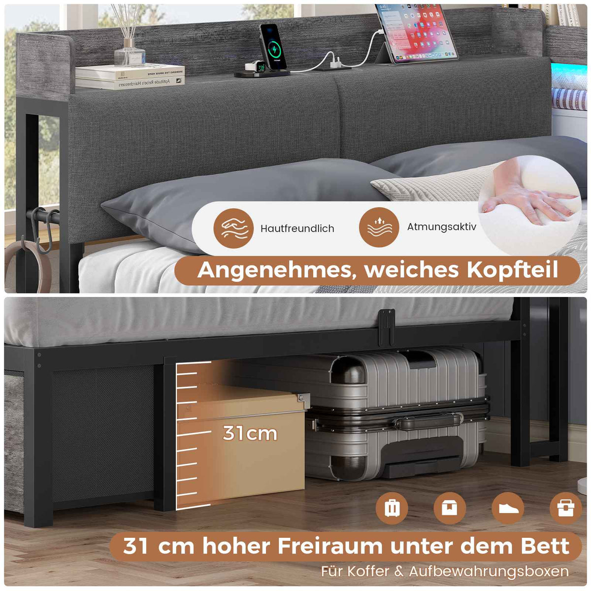 AOGLLATI Polsterbett Schlafsofa 140x200 mit Stauraum Jugendbett mit 6 Staufächern & 6 Schubladen Bett mit LED-Beleuchtung & Ladestation Gepolstertem Kopfteil