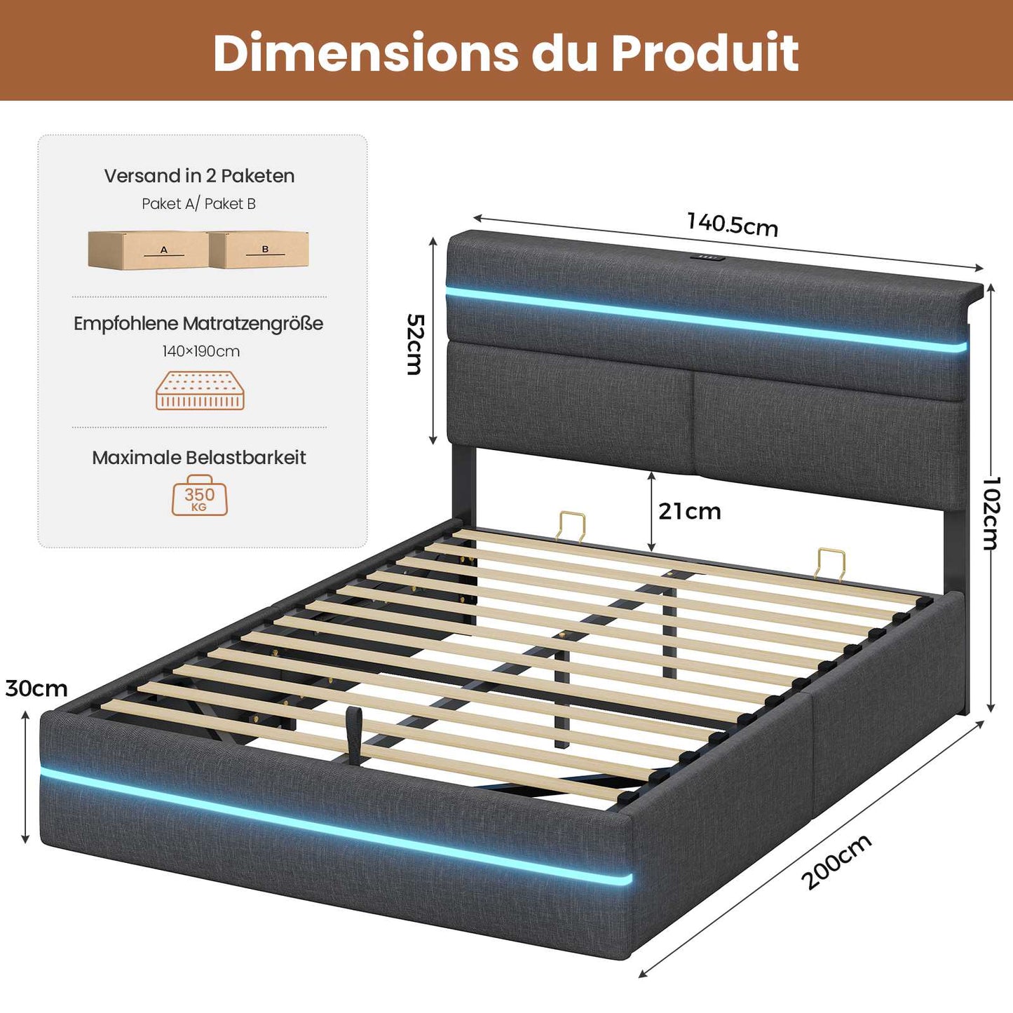 AOGLLATI Bett 140x190 mit Hydraulischem Stauraum Polsterbett Doppelbett mit LED-Kopfteil & Ladestation Jugendbett mit Lattenrost