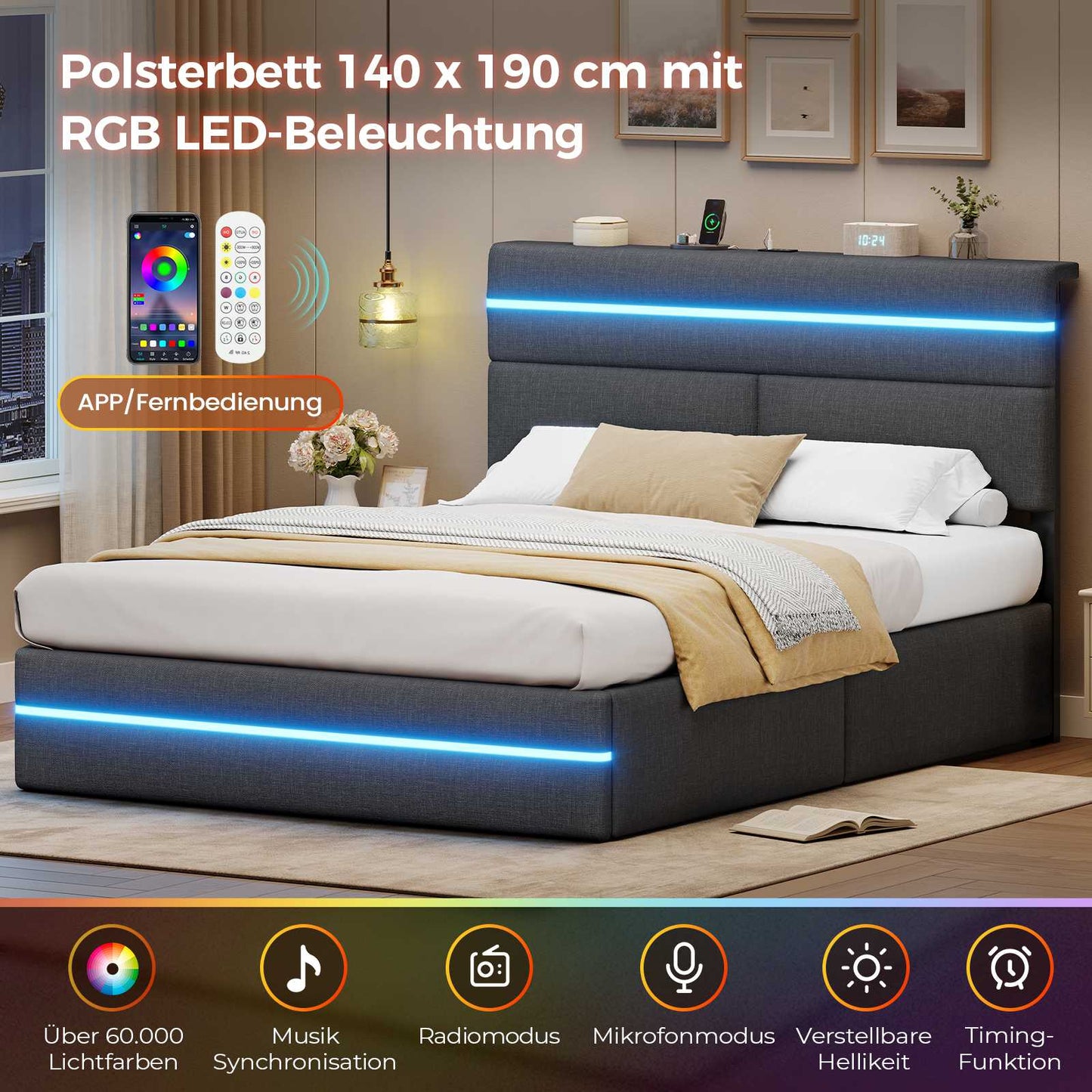 AOGLLATI Bett 140x190 mit Hydraulischem Stauraum Polsterbett Doppelbett mit LED-Kopfteil & Ladestation Jugendbett mit Lattenrost