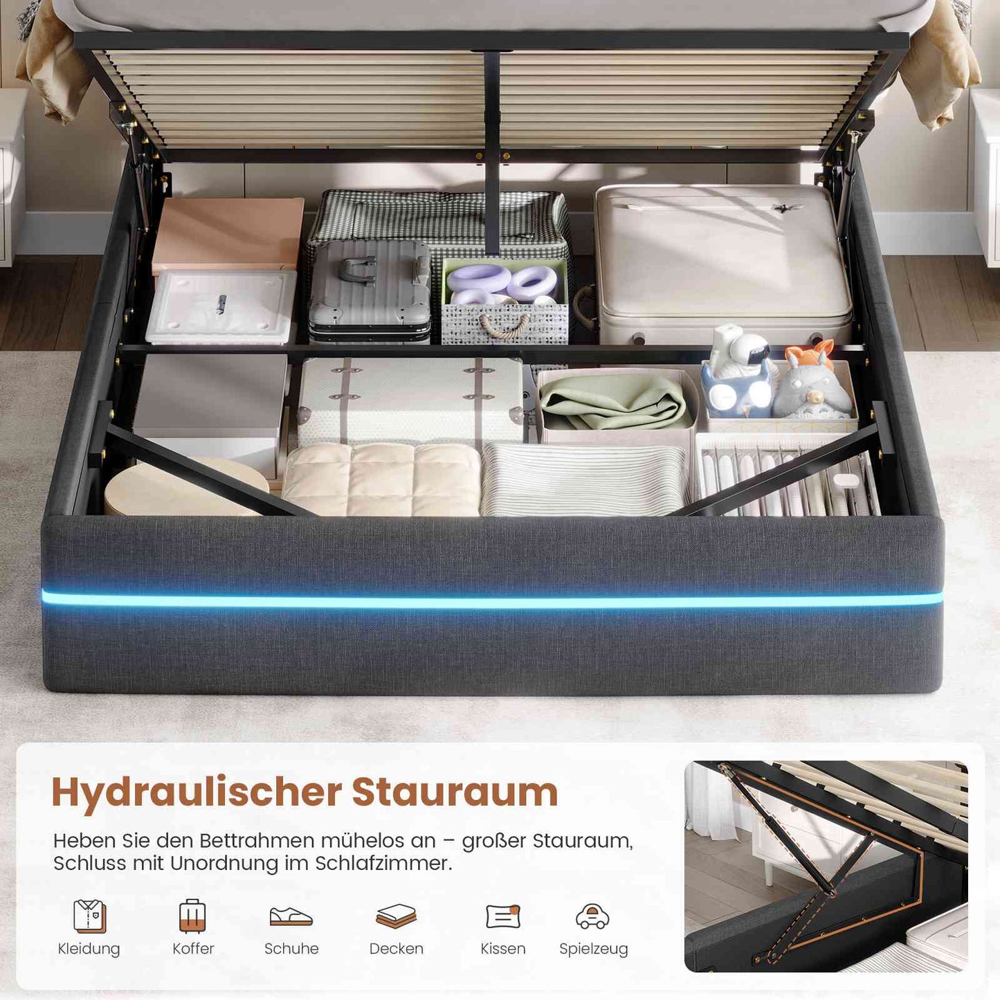 AOGLLATI Bett 140x190 mit Hydraulischem Stauraum Polsterbett Doppelbett mit LED-Kopfteil & Ladestation Jugendbett mit Lattenrost