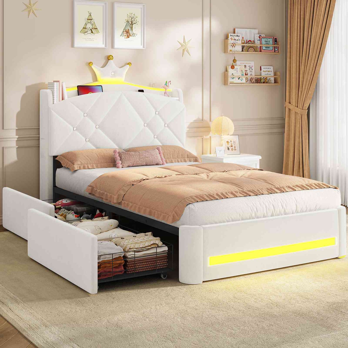 AOGLLATI Polsterbett 140x190 mit Krone-Design Ladestation & LED-Beleuchtung Doppelbett mit Gepolstertes Kopfteil 2 Schubladen