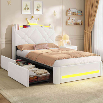 AOGLLATI Polsterbett 140x190 mit Krone-Design Ladestation & LED-Beleuchtung Doppelbett mit Gepolstertes Kopfteil 2 Schubladen