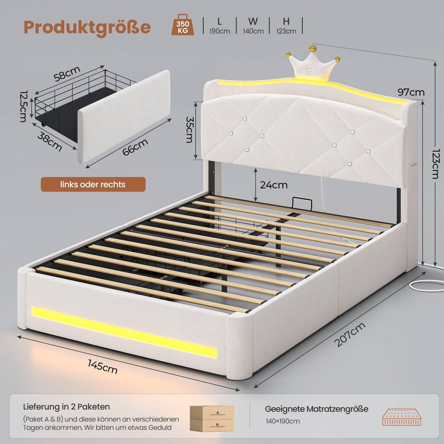 AOGLLATI Polsterbett 140x190 mit Krone-Design Ladestation & LED-Beleuchtung Doppelbett mit Gepolstertes Kopfteil 2 Schubladen