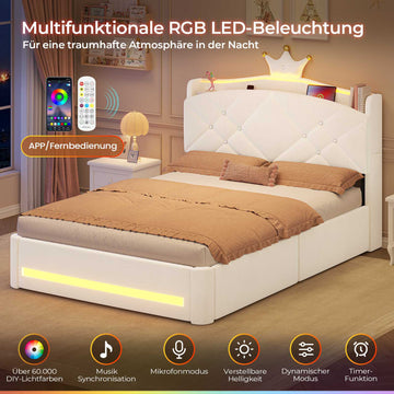 AOGLLATI Polsterbett 140x190 mit Krone-Design Ladestation & LED-Beleuchtung Doppelbett mit Gepolstertes Kopfteil 2 Schubladen