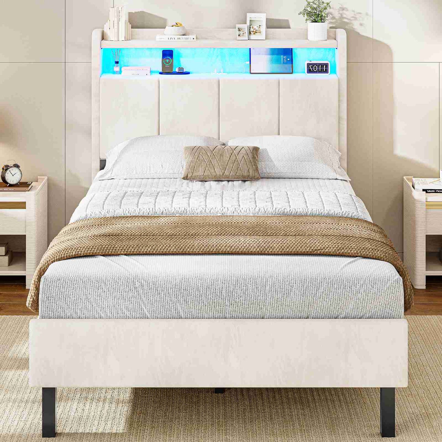 AOGLLATI Bett 90x190 mit LED und Ladestation Bettgestell mit Stauraum unter dem Bett Kinderbett Jugendbett mit Lattenrost aus Holz