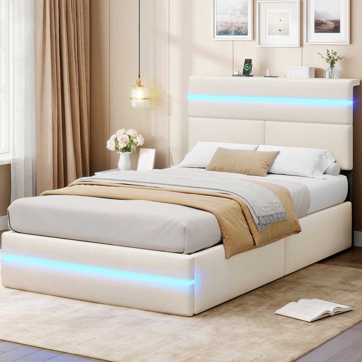 AOGLLATI Bett 140x190 mit Hydraulischem Stauraum Polsterbett Doppelbett mit LED-Kopfteil & Ladestation Jugendbett mit Lattenrost