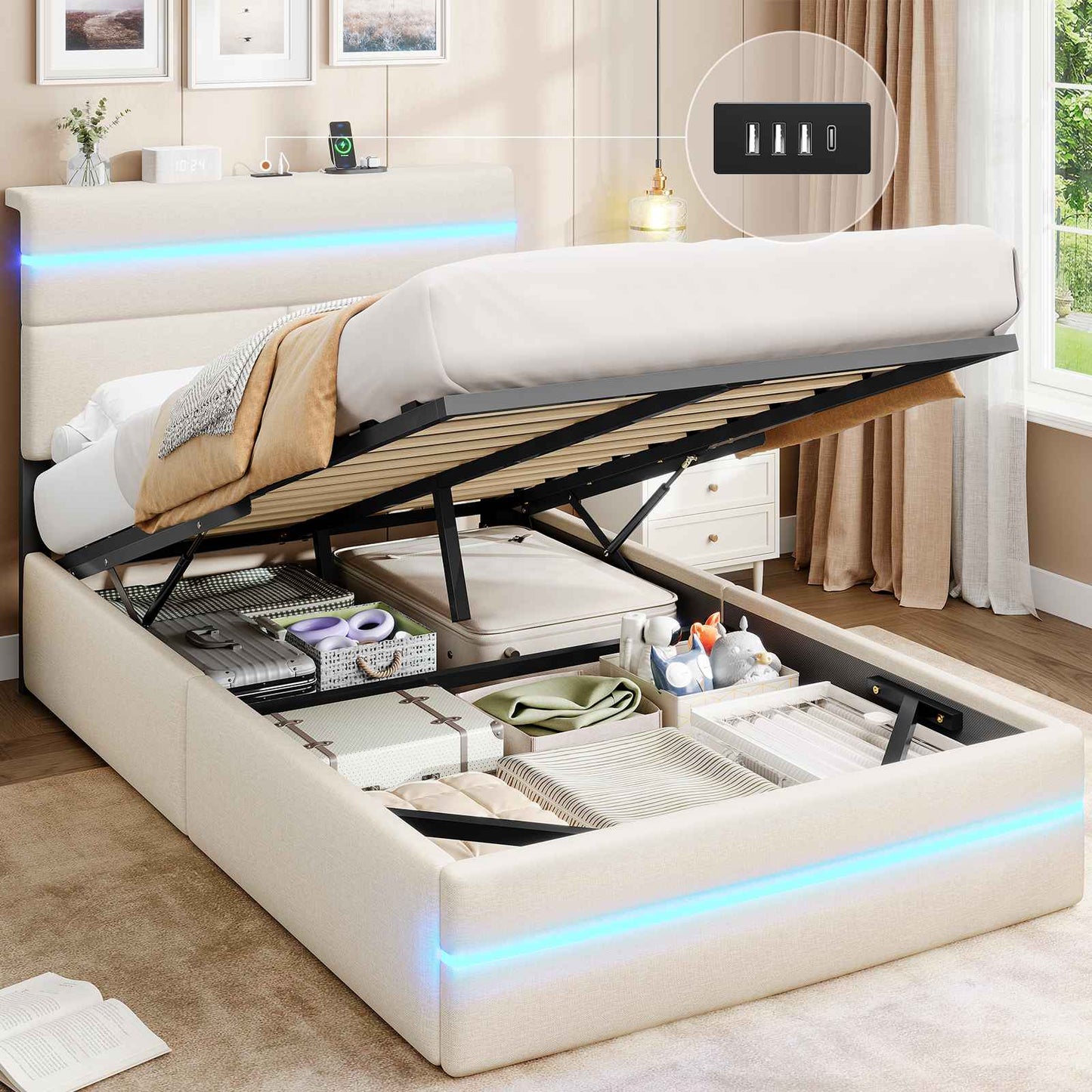 AOGLLATI Bett 140x190 mit Hydraulischem Stauraum Polsterbett Doppelbett mit LED-Kopfteil & Ladestation Jugendbett mit Lattenrost
