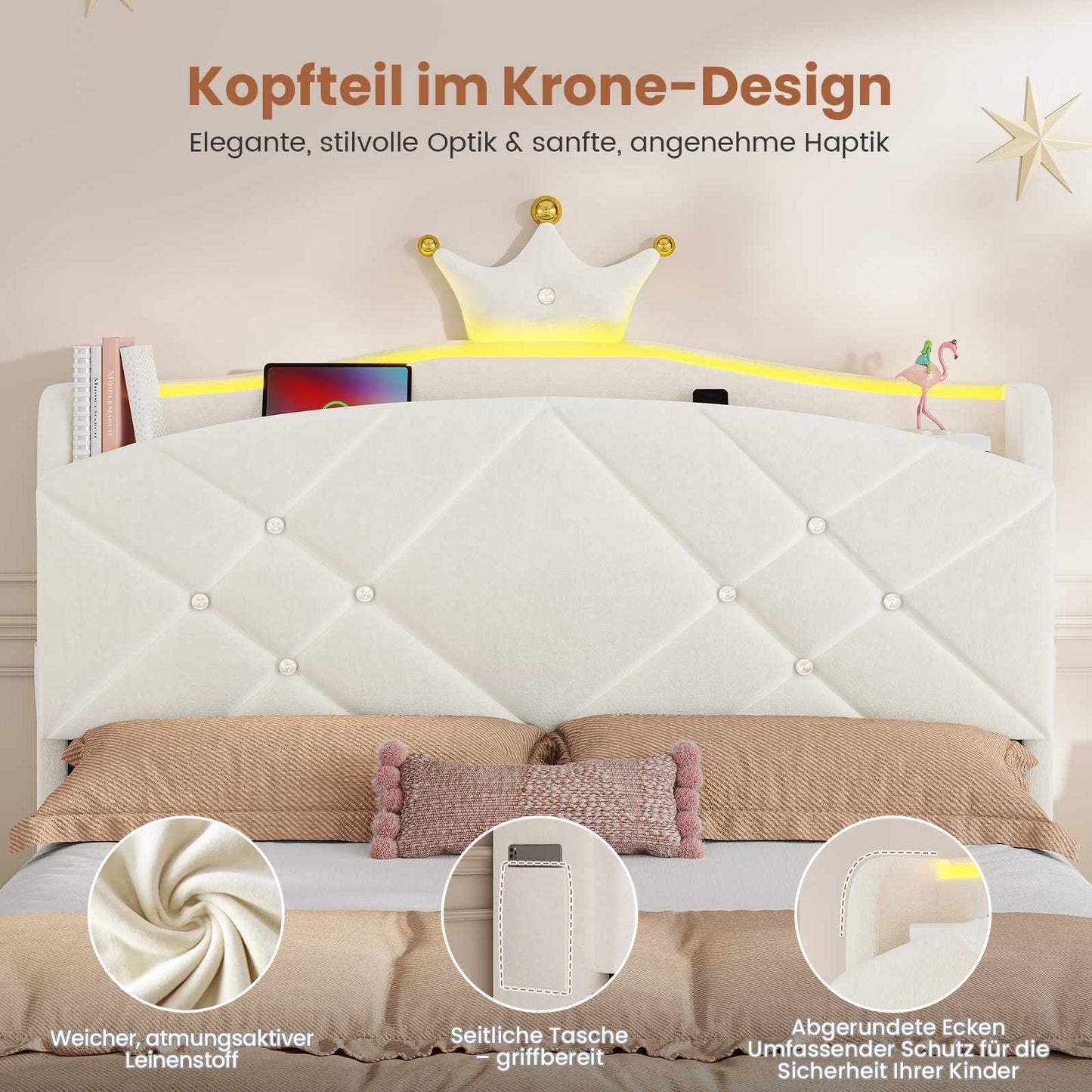 AOGLLATI Polsterbett 140x190 mit Krone-Design Ladestation & LED-Beleuchtung Doppelbett mit Gepolstertes Kopfteil 2 Schubladen