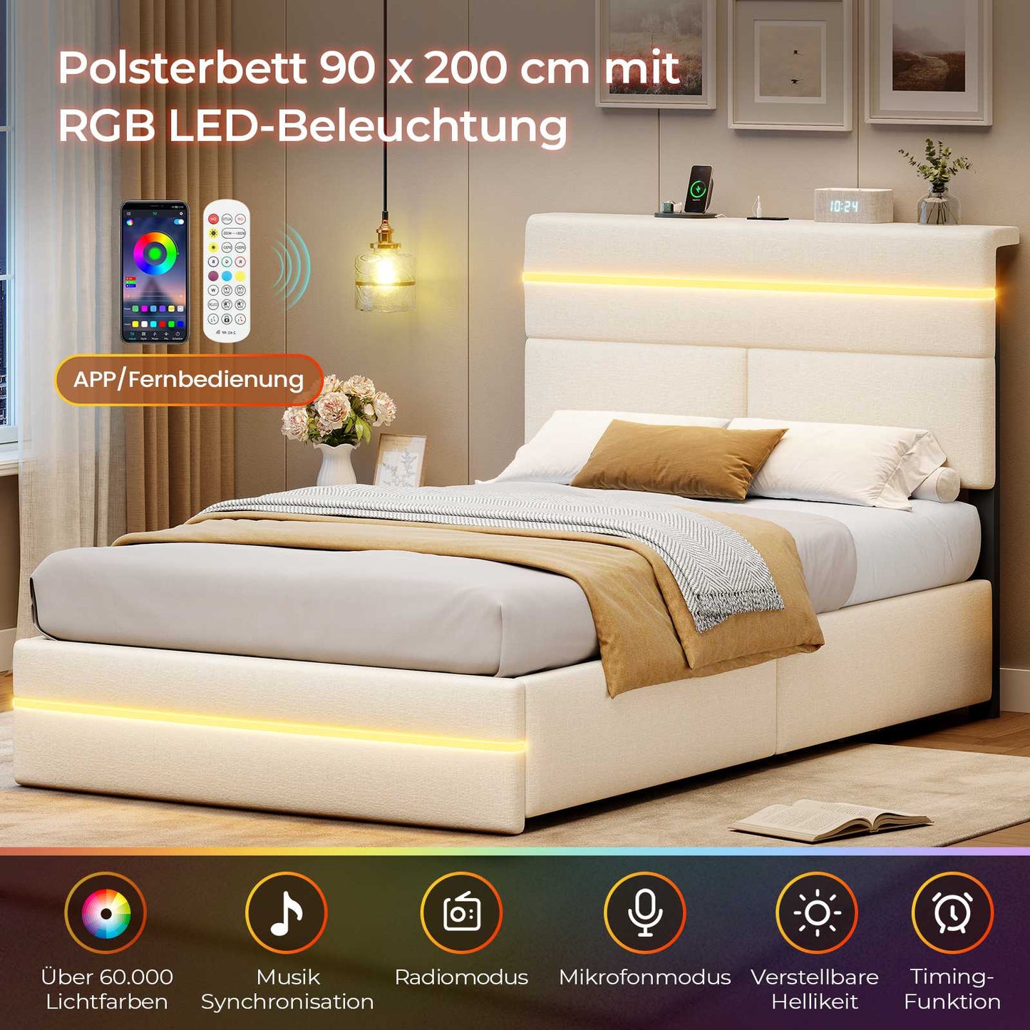 AOGLLATI Bett 140x190 mit Hydraulischem Stauraum Polsterbett Doppelbett mit LED-Kopfteil & Ladestation Jugendbett mit Lattenrost